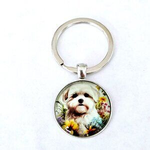Bichon Frise Keychain Floral Art Round Dog Charm Gift for Pet Lover